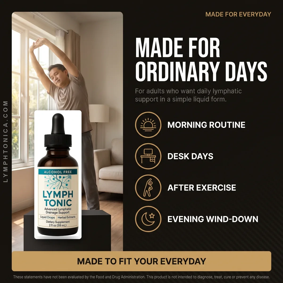 A man stretching by a window — LymphTonic made for everyday routines